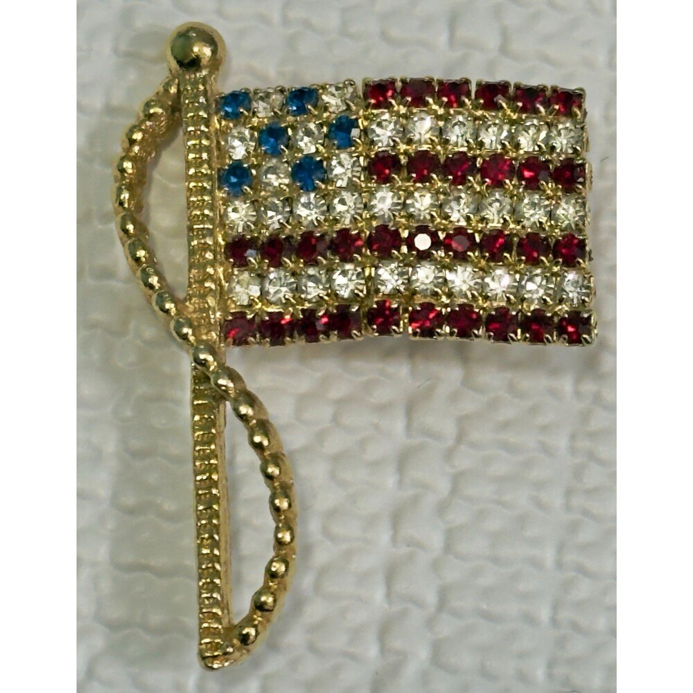 Vintage Signed RAFAELIAN Rhinestone American Flag Brooch Pin Gold Tone Patriotic